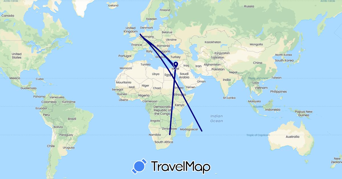 TravelMap itinerary: driving in Germany, Israel, Mauritius, Netherlands, South Africa (Africa, Asia, Europe)
